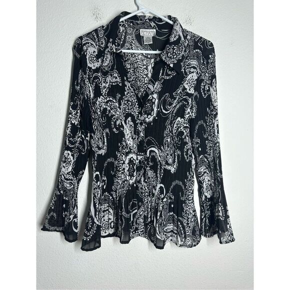 Bethany Women’s Bohemian Blouse Button Up Sheer Black White Vneck Sz XXL - Picture 1 of 11